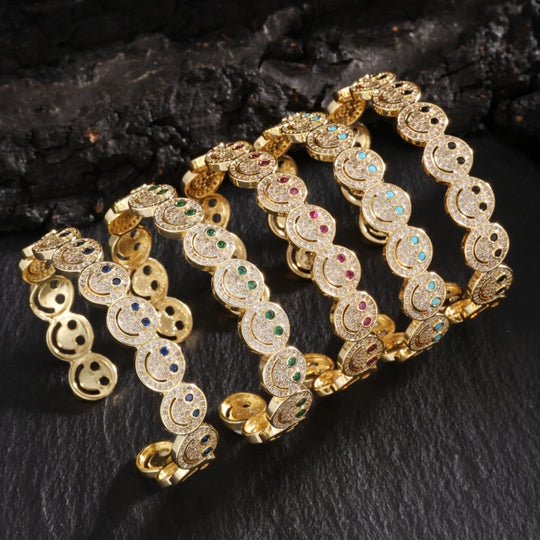 RAKOL Stilvolle Runde Lächeln Smiley Manschette Armreif Kupfer Vergoldet Zirkonia Charme Party Schmuck Für Frauen Männer Geschenke Festival Outfits | Techno Shirts | Rave Clothing