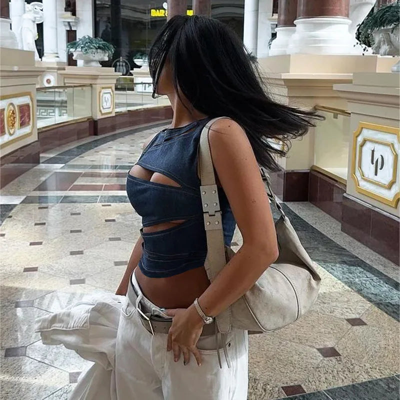 Talenza Damen-Weste, ärmellos, Rundhalsausschnitt, Sommer, einfarbig, hohl, schmale Weste, Top, modisch, sexy Streetwear, Damen, schmale Weste Festival Outfits | Techno Shirts | Rave Clothing