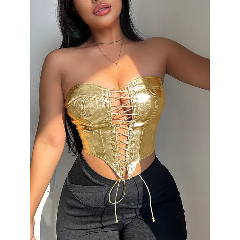 Sexy Frauen Shiny Gold Silber Bustier Crop Tops Helle PU Leder Krone Gürtel Abnehmen Taille Liebsten Low-cut Korsett top Sommer Festival Outfits | Techno Shirts | Rave Clothing