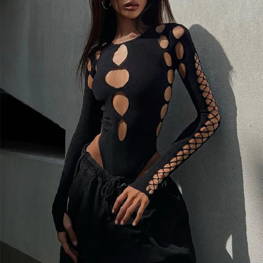 Shestyle Schwarz Aushöhlen Design Körper für Frauen Kalten Schulter Hohe Taille Sexy Halloween Heißer Dame Bodys Neue-Gefunden top Solide Festival Outfits | Techno Shirts | Rave Clothing