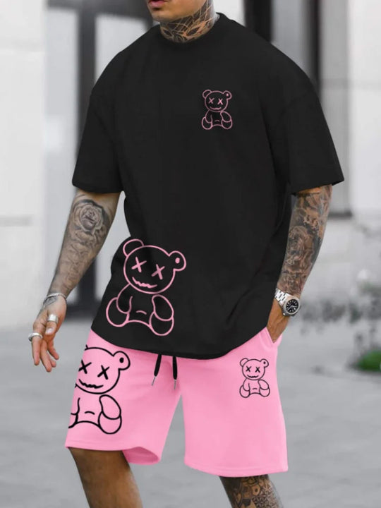 Herren Sommer Cartoon Bär 2-teilige Anzüge Casual T-Shirt und Kordelzug Taille Shorts Set 2025 Urlaub Strand Übergroße Outfits Festival Outfits | Techno Shirts | Rave Clothing