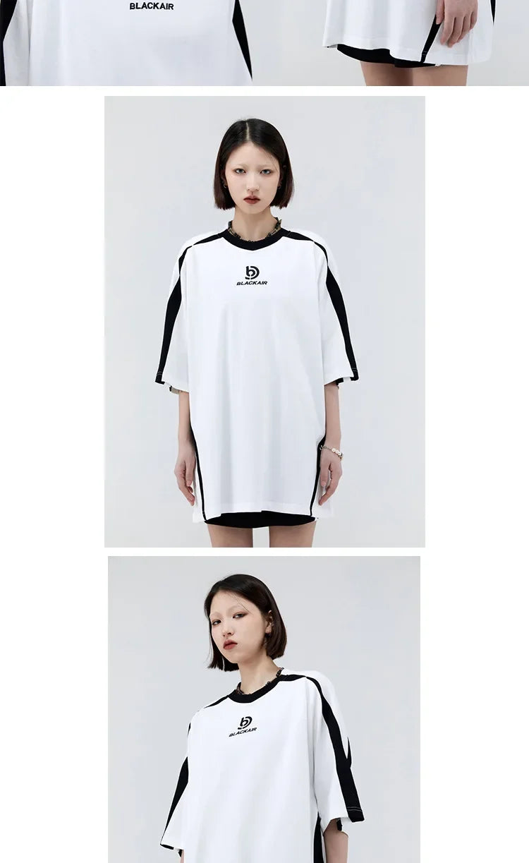 Vintage Gespleißte Schulter Kurzarm T-Shirt Männer Frauen Sommer Streetwear Oversize Paar Lose-Fit Top Rundhals Material Festival Outfits | Techno Shirts | Rave Clothing