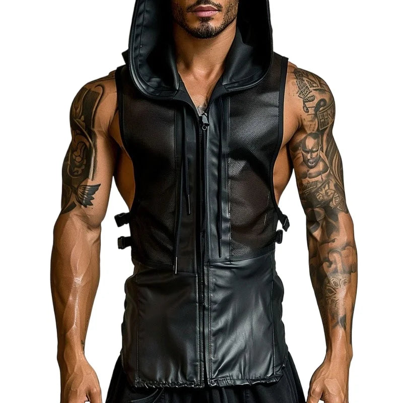 Men's Leather Stitching Net Shirt Motorcycle Leather Vest Top Sexy See-through Hooded Vest Muscular Men Fitness Vest Tank Top Me Festival Outfits | Techno Shirts | Rave Clothing