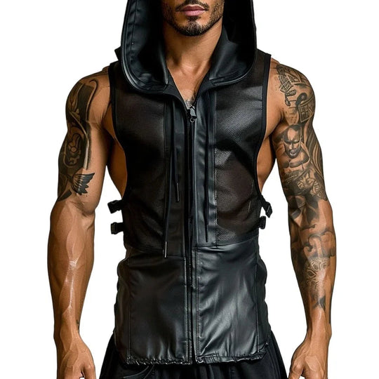 Men's Leather Stitching Net Shirt Motorcycle Leather Vest Top Sexy See-through Hooded Vest Muscular Men Fitness Vest Tank Top Me Festival Outfits | Techno Shirts | Rave Clothing