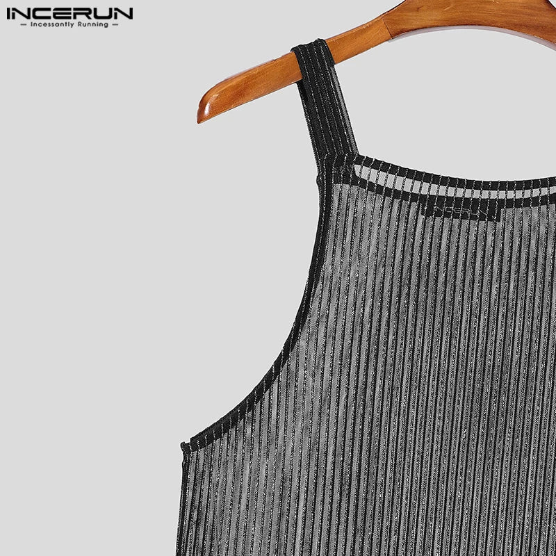INCERUN Tops 2025 American Style Fashion Men Sparkling Fabric Stripe Perspective Mesh Vests Casual Clubwear Male Thin Tank Tops Festival Outfits | Techno Shirts | Rave Clothing