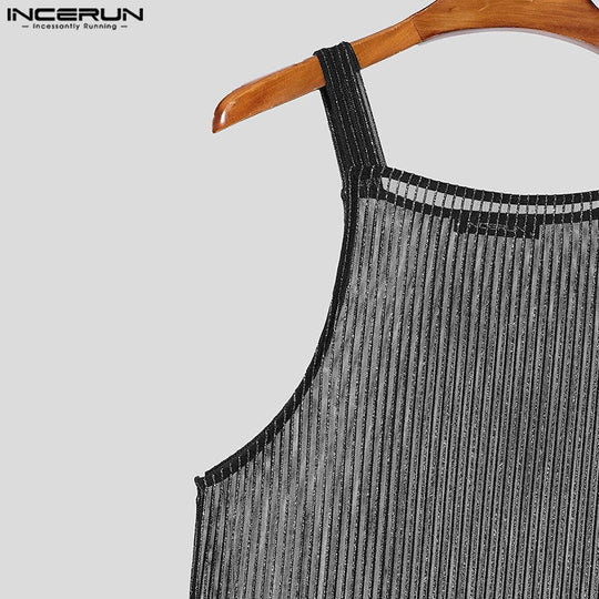 INCERUN Tops 2025 American Style Fashion Men Sparkling Fabric Stripe Perspective Mesh Vests Casual Clubwear Male Thin Tank Tops Festival Outfits | Techno Shirts | Rave Clothing