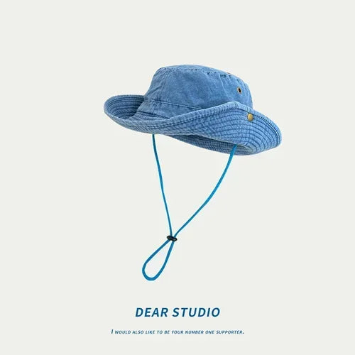 2025 Blaue Cowboy-Wander-Eimerhüte mit Schnur, Herren-Denim-Strand-Sonnenhut für Damen, Outdoor, Paar, Bob, Panama, Sommer-Fischerkappe Festival Outfits | Techno Shirts | Rave Clothing