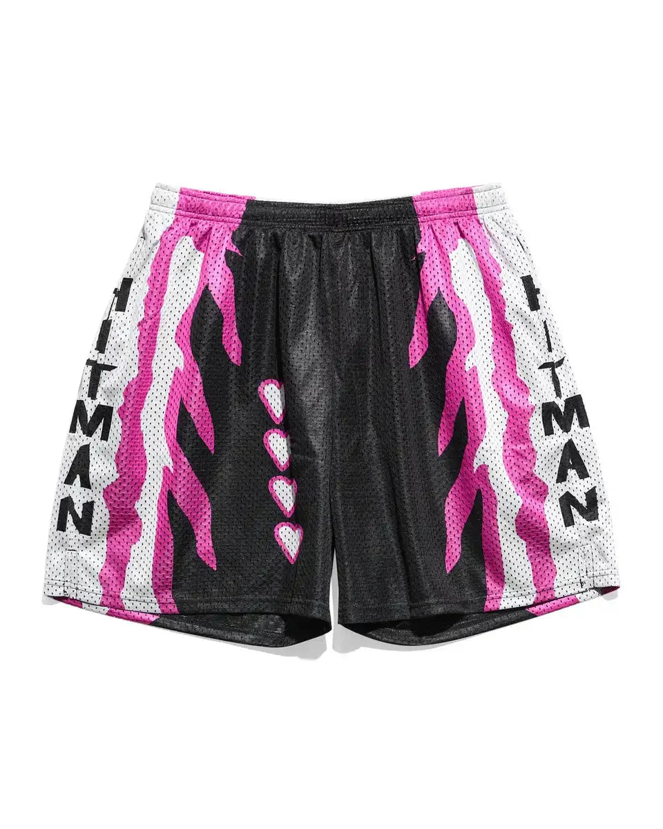 HITMAN Festival Shorts mit pink-schwarzem Flammenmuster, Rave Shorts 