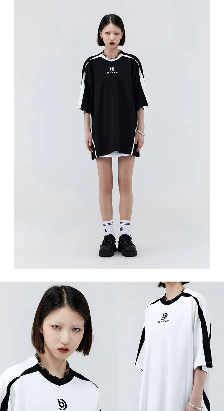 Vintage Gespleißte Schulter Kurzarm T-Shirt Männer Frauen Sommer Streetwear Oversize Paar Lose-Fit Top Rundhals Material Festival Outfits | Techno Shirts | Rave Clothing