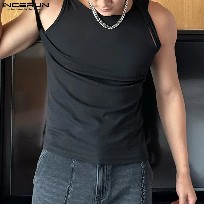 Incerun Tops 2024 koreanischen Stil Männer Schulter gurt Design sexy elastische Westen lässig gut sitzende solide ärmellose Weste S-5XL Festival Outfits | Techno Shirts | Rave Clothing