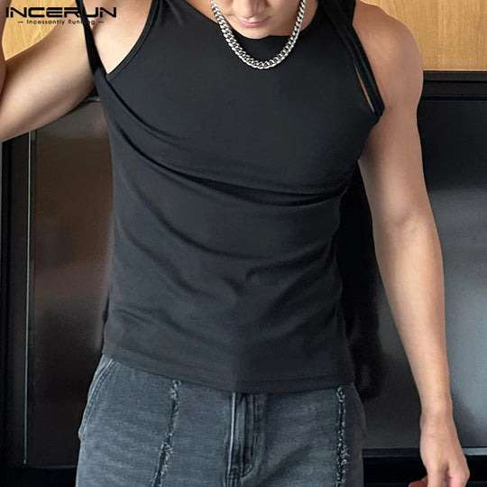 Incerun Tops 2024 koreanischen Stil Männer Schulter gurt Design sexy elastische Westen lässig gut sitzende solide ärmellose Weste S-5XL Festival Outfits | Techno Shirts | Rave Clothing