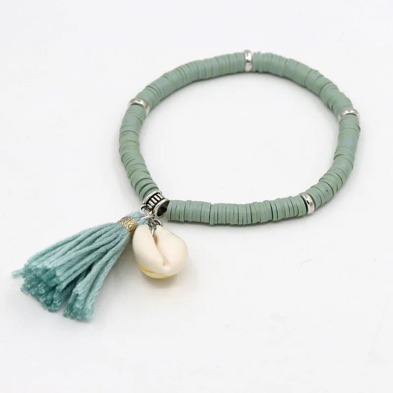 Handgemachte Schmuck Boho Armbänder für Frauen Mode Bunte Polymer Clay Perlen Shell Quaste Armband Geschenke für Weibliche Mädchen Festival Outfits | Techno Shirts | Rave Clothing
