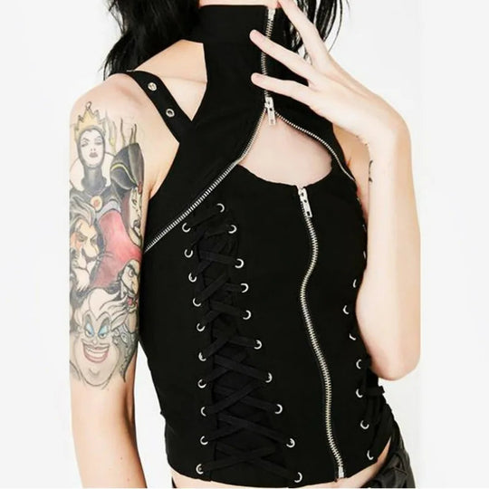 Y2k dunkle Punk Gothic Korsett Weste Frauen hohe Taille Bandage Ernte Tanktops Streetwear Emo Alt Harajuku Halfter Rave Outfits Festival Outfits | Techno Shirts | Rave Clothing