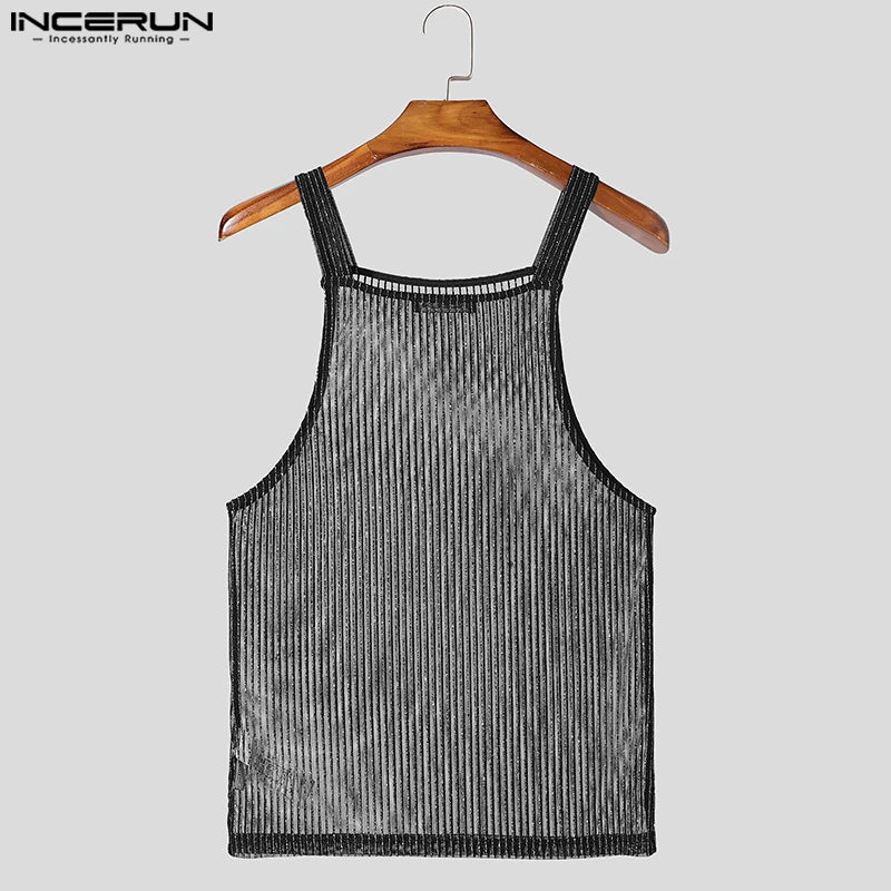 INCERUN Tops 2025 American Style Fashion Men Sparkling Fabric Stripe Perspective Mesh Vests Casual Clubwear Male Thin Tank Tops Festival Outfits | Techno Shirts | Rave Clothing