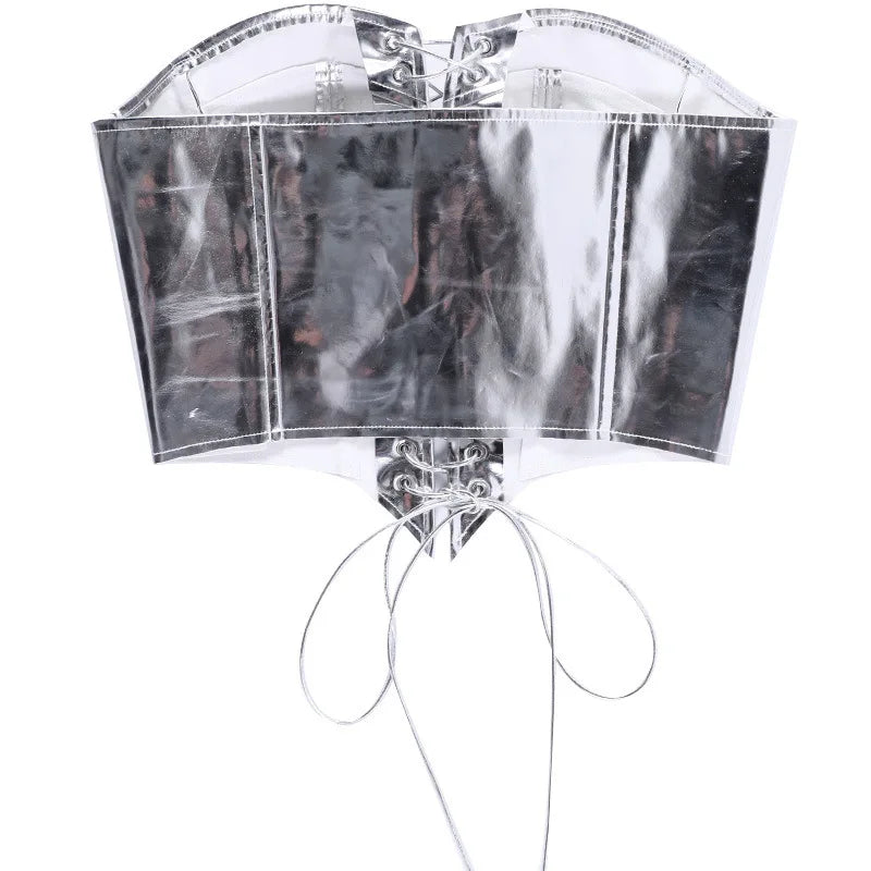 Sexy Frauen Shiny Gold Silber Bustier Crop Tops Helle PU Leder Krone Gürtel Abnehmen Taille Liebsten Low-cut Korsett top Sommer Festival Outfits | Techno Shirts | Rave Clothing