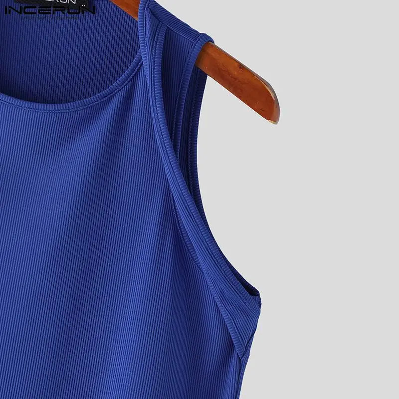 Incerun Tops 2024 koreanischen Stil Männer Schulter gurt Design sexy elastische Westen lässig gut sitzende solide ärmellose Weste S-5XL Festival Outfits | Techno Shirts | Rave Clothing