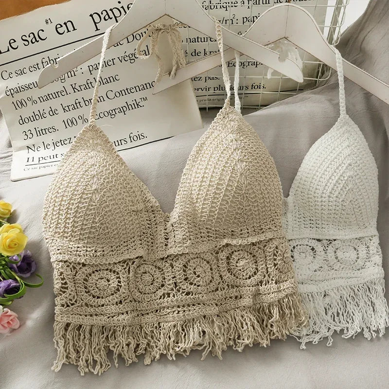 2025Crop Tops Retro Wild Hohl Perspektive Quaste Sexy Spaghetti Strap Tank Top Frauen Gebaut In Bh Neue Zurück Spitze Neckholder Festival Outfits | Techno Shirts | Rave Clothing