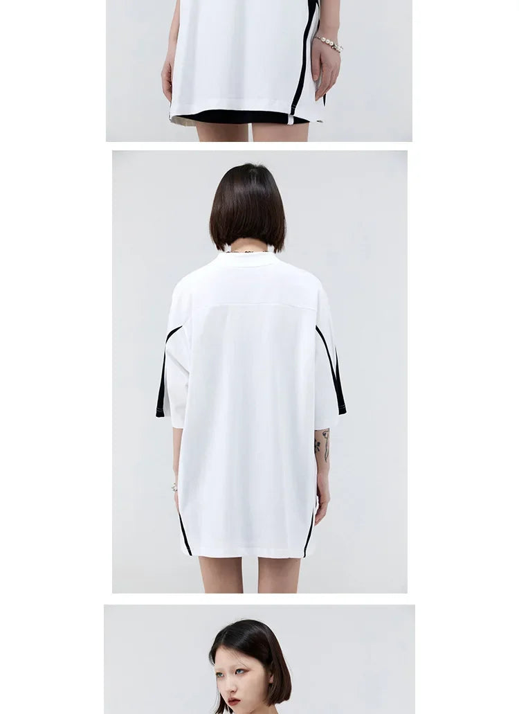 Vintage Gespleißte Schulter Kurzarm T-Shirt Männer Frauen Sommer Streetwear Oversize Paar Lose-Fit Top Rundhals Material Festival Outfits | Techno Shirts | Rave Clothing