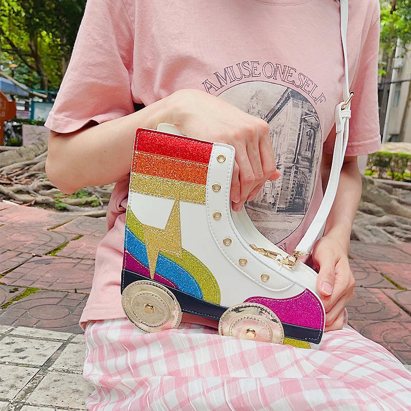 Fun Rainbow Glitter Roller Skate Women Handbag for Girls Novelty Rollerblade Crossbody and Pures Dazzing Daily Shoulder Bag Gift Festival Outfits | Techno Shirts | Rave Clothing
