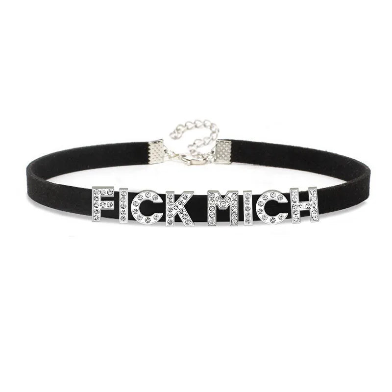 Sexy Rhinestone Letters FICK MICH Collar Choker Necklace Men Women Goth Harajuku DDLG Customized Chocker Cosplay Jewelry Gift Festival Outfits | Techno Shirts | Rave Clothing