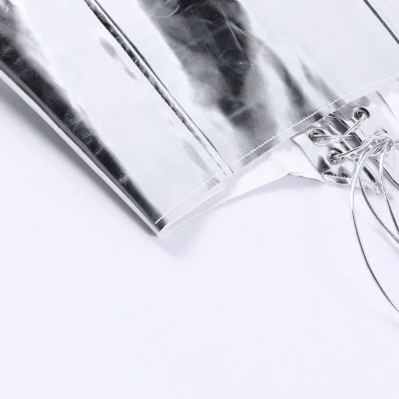 Sexy Frauen Shiny Gold Silber Bustier Crop Tops Helle PU Leder Krone Gürtel Abnehmen Taille Liebsten Low-cut Korsett top Sommer Festival Outfits | Techno Shirts | Rave Clothing