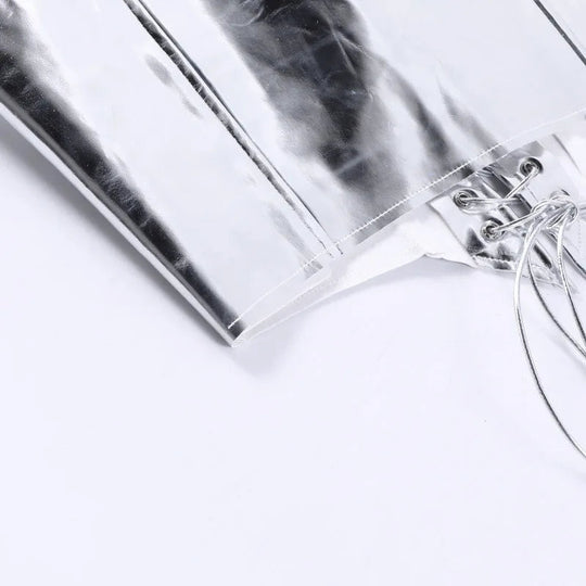 Sexy Frauen Shiny Gold Silber Bustier Crop Tops Helle PU Leder Krone Gürtel Abnehmen Taille Liebsten Low-cut Korsett top Sommer Festival Outfits | Techno Shirts | Rave Clothing