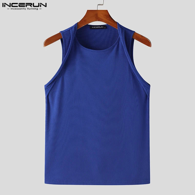 Incerun Tops 2024 koreanischen Stil Männer Schulter gurt Design sexy elastische Westen lässig gut sitzende solide ärmellose Weste S-5XL Festival Outfits | Techno Shirts | Rave Clothing