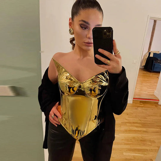 Sexy Frauen Shiny Gold Silber Bustier Crop Tops Helle PU Leder Krone Gürtel Abnehmen Taille Liebsten Low-cut Korsett top Sommer Festival Outfits | Techno Shirts | Rave Clothing