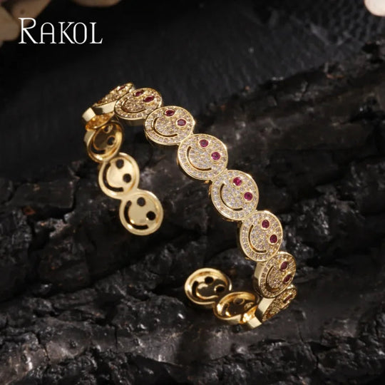 RAKOL Stilvolle Runde Lächeln Smiley Manschette Armreif Kupfer Vergoldet Zirkonia Charme Party Schmuck Für Frauen Männer Geschenke Festival Outfits | Techno Shirts | Rave Clothing