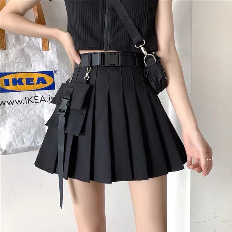Zoki Harajuku Gürtel Plissee Cargo Rock Frauen Mode Gothic Hohe Taille Tasche Mini Röcke Mode Sommer Dame EINE Linie Schwarz Rock Festival Outfits | Techno Shirts | Rave Clothing