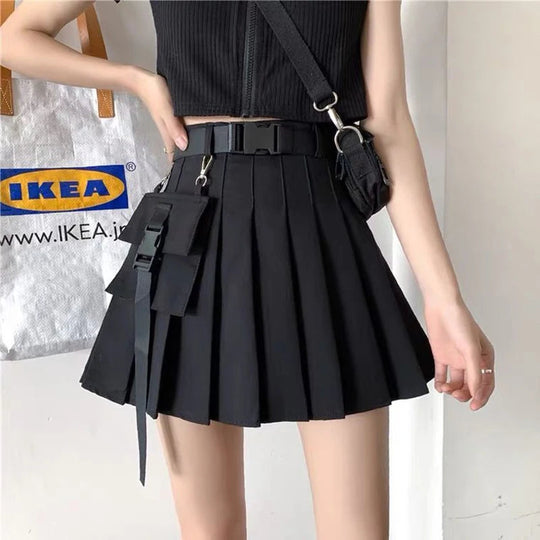 Zoki Harajuku Gürtel Plissee Cargo Rock Frauen Mode Gothic Hohe Taille Tasche Mini Röcke Mode Sommer Dame EINE Linie Schwarz Rock Festival Outfits | Techno Shirts | Rave Clothing