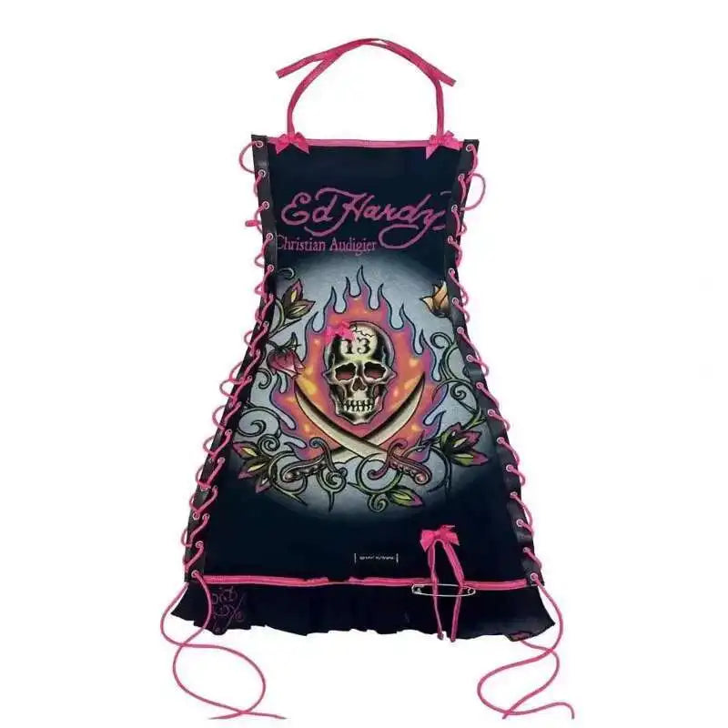 Totenkopf bedruckte Gothic-Minikleider für Damen, Schnürung, Neckholder, sexy Kleider, Slash-Ausschnitt, Y2k-Partykleider, A-Linie, figurbetontes Kleid für Damen Festival Outfits | Techno Shirts | Rave Clothing