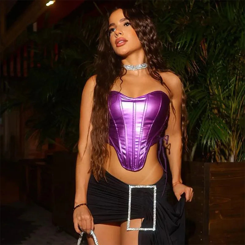 Sexy Frauen Shiny Gold Silber Bustier Crop Tops Helle PU Leder Krone Gürtel Abnehmen Taille Liebsten Low-cut Korsett top Sommer Festival Outfits | Techno Shirts | Rave Clothing
