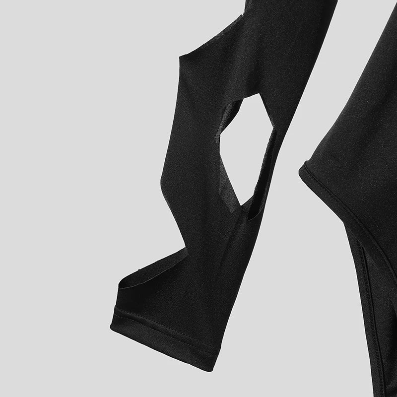 INCERUN Men Bodysuits Solid Color Hollow Out Sexy O-neck Long Sleeve Men T Shirts Rompers Streetwear 2024 Fashion Bodysuit S-3XL Festival Outfits | Techno Shirts | Rave Clothing