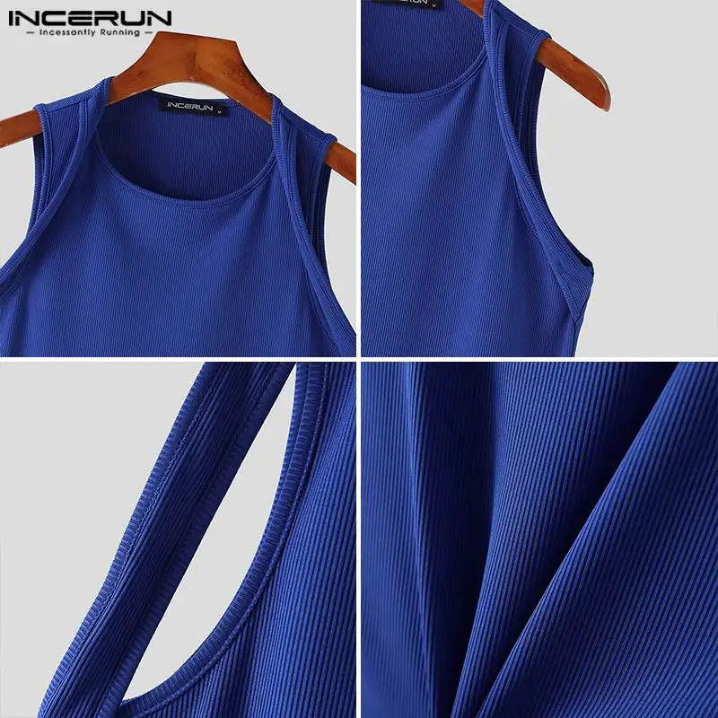 Incerun Tops 2024 koreanischen Stil Männer Schulter gurt Design sexy elastische Westen lässig gut sitzende solide ärmellose Weste S-5XL Festival Outfits | Techno Shirts | Rave Clothing