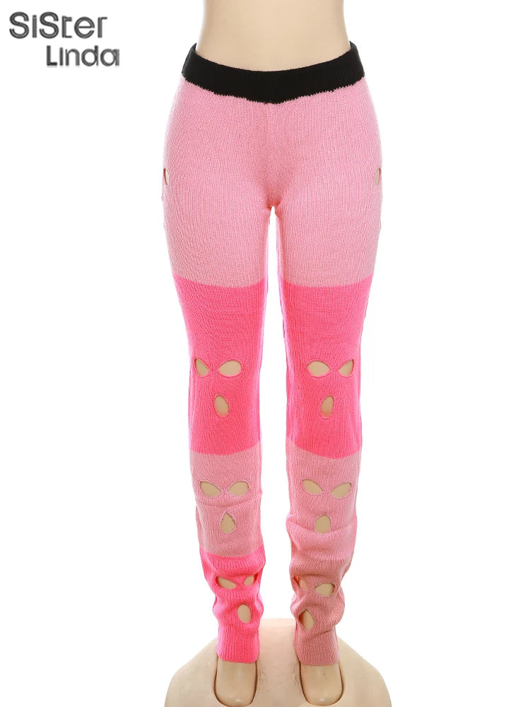 Sister linda gestrickte hipster chic y2k hohle hose frauen zerrissen elastische hohe taille lässige basi hose weibliche hosen streetwear FESTIVAL OUTFITS & STREETWEAR