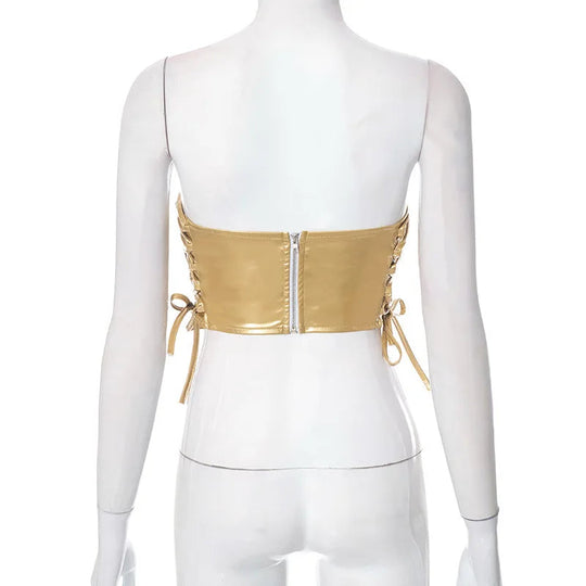 Sexy Frauen Shiny Gold Silber Bustier Crop Tops Helle PU Leder Krone Gürtel Abnehmen Taille Liebsten Low-cut Korsett top Sommer Festival Outfits | Techno Shirts | Rave Clothing