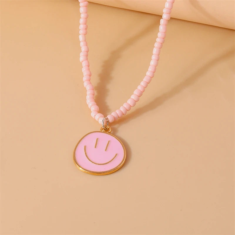 Mode Bunte Lächeln Gesicht Anhänger Halskette für Frauen Handgemachte Perlen Halskette Mädchen Party Festival Schmuck Geschenke Festival Outfits | Techno Shirts | Rave Clothing
