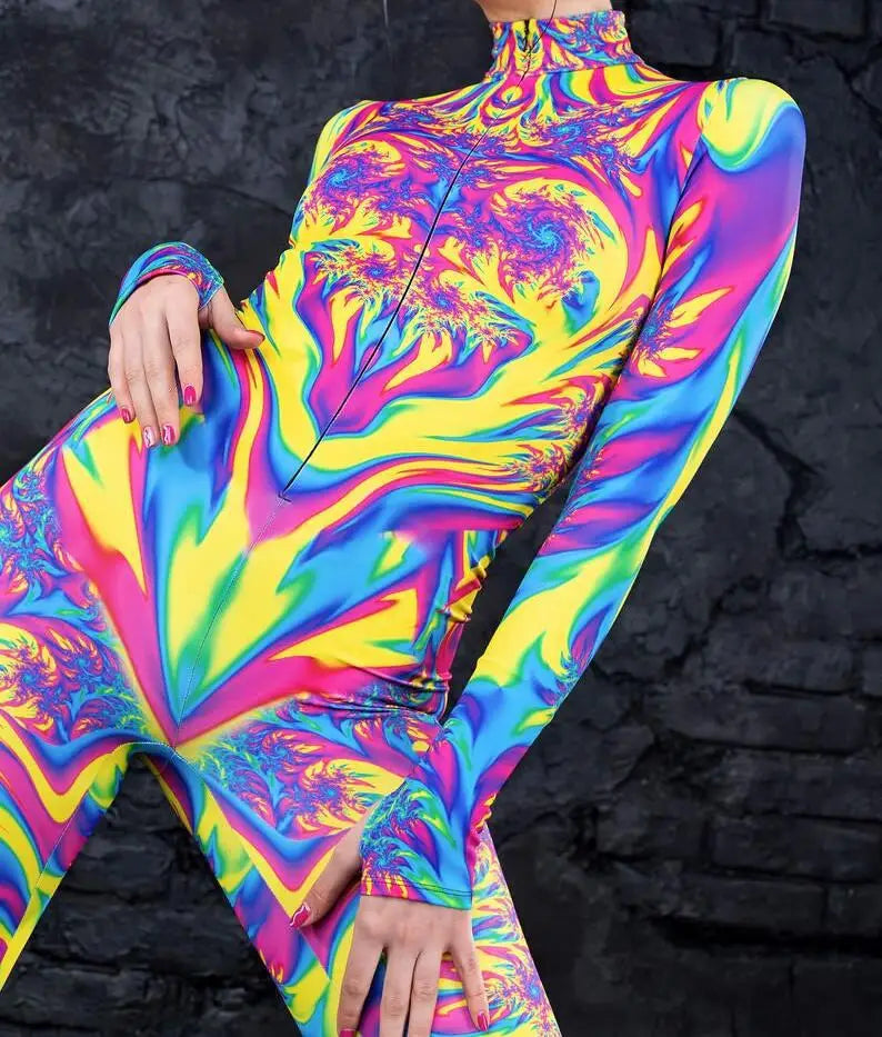 Colorful 3D Printing Women Holiday Party Cyber Punk Rainbow Jumpsuit Onesie Halloween Cosplay Costume Elastic Bodysuit Romper Festival Outfits | Techno Shirts | Rave Clothing