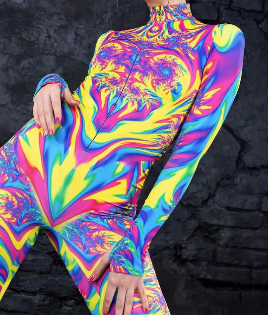 Colorful 3D Printing Women Holiday Party Cyber Punk Rainbow Jumpsuit Onesie Halloween Cosplay Costume Elastic Bodysuit Romper Festival Outfits | Techno Shirts | Rave Clothing