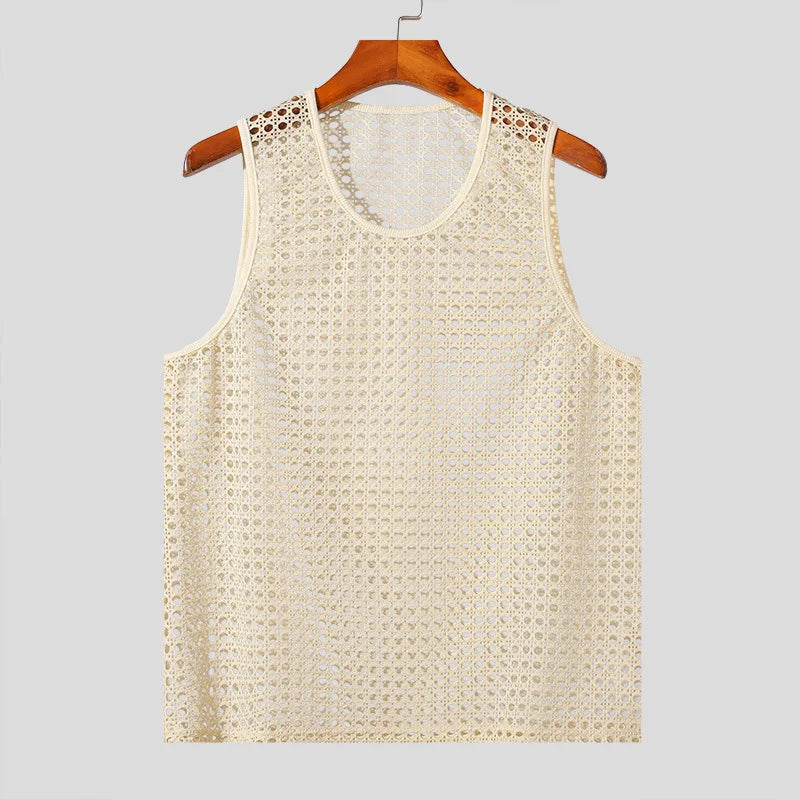 New American Style Fashion Men Tops Popular Vacation Hollow Out Mesh Vests Sexy Casual Sleeveless Tank Tops S-2XL 2025 Summer Festival Outfits | Techno Shirts | Rave Clothing