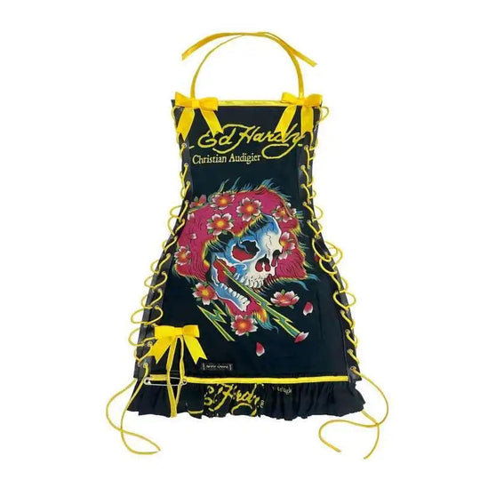 Totenkopf bedruckte Gothic-Minikleider für Damen, Schnürung, Neckholder, sexy Kleider, Slash-Ausschnitt, Y2k-Partykleider, A-Linie, figurbetontes Kleid für Damen Festival Outfits | Techno Shirts | Rave Clothing