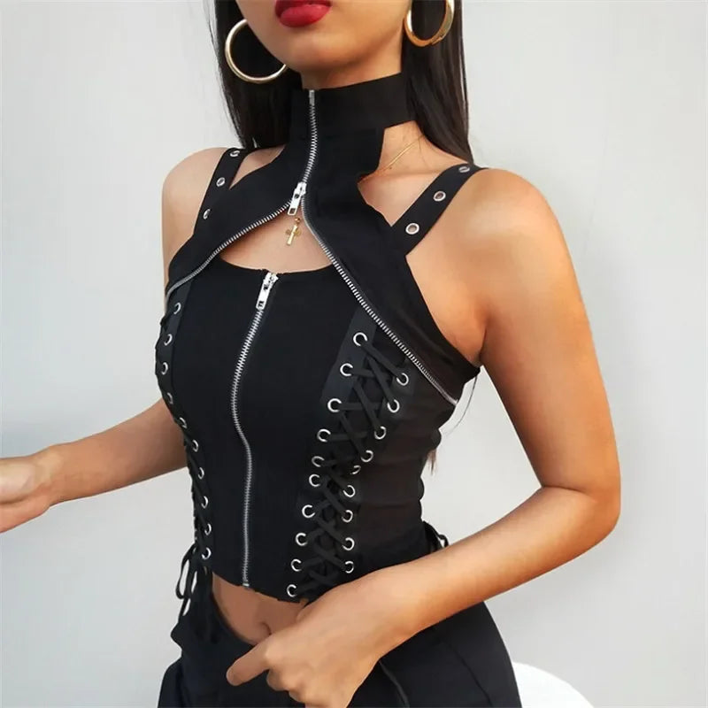 Y2k dunkle Punk Gothic Korsett Weste Frauen hohe Taille Bandage Ernte Tanktops Streetwear Emo Alt Harajuku Halfter Rave Outfits Festival Outfits | Techno Shirts | Rave Clothing
