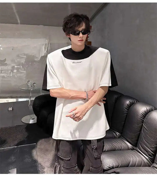 LUZHEN Original Personalisierte Farbe Kontrast Design Kurzarm T-shirts 2025, Sommer Hübsche Schulter Pad Casual Tops JY1473 Festival Outfits | Techno Shirts | Rave Clothing