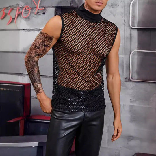 Men's Leather Stitching Net Shirt Motorcycle Leather Vest Top Sexy See-through Hooded Vest Muscular Men Fitness Vest Tank Top Me Festival Outfits | Techno Shirts | Rave Clothing