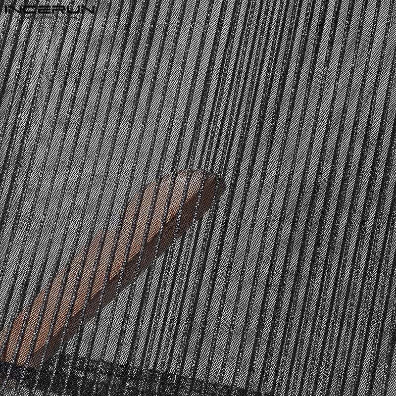 INCERUN Tops 2025 American Style Fashion Men Sparkling Fabric Stripe Perspective Mesh Vests Casual Clubwear Male Thin Tank Tops Festival Outfits | Techno Shirts | Rave Clothing