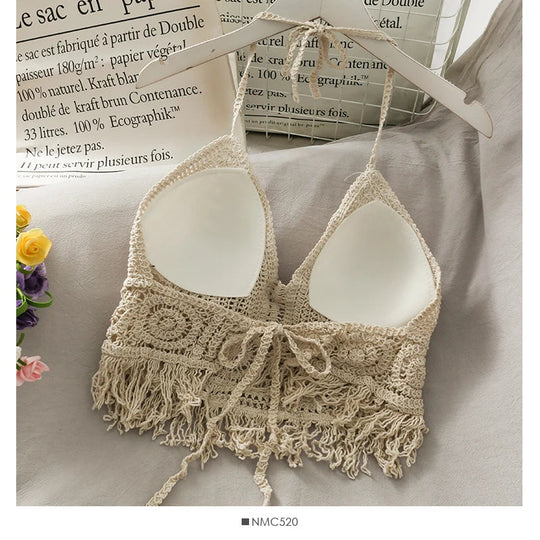 2025Crop Tops Retro Wild Hohl Perspektive Quaste Sexy Spaghetti Strap Tank Top Frauen Gebaut In Bh Neue Zurück Spitze Neckholder Festival Outfits | Techno Shirts | Rave Clothing