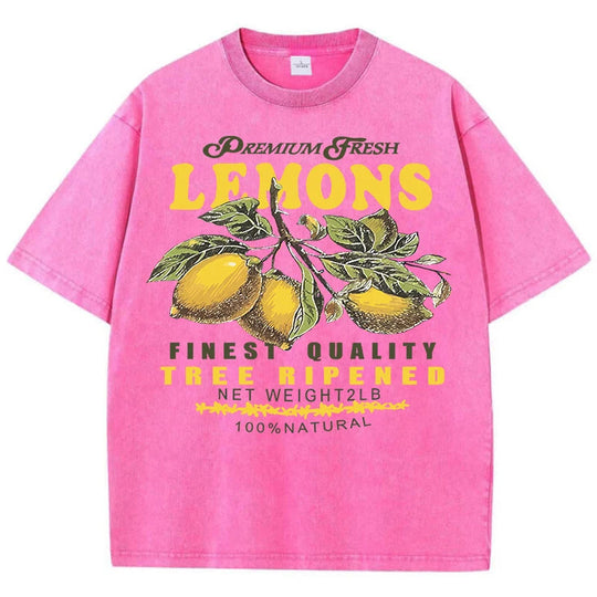 Premium Fresh Lemons Fruit Print Damen Washed T-Shirts Y2K Bequemes, kurzärmliges, lockeres All-Match-T-Shirt aus Baumwolle Hip-Hop-Top Festival Outfits | Techno Shirts | Rave Clothing