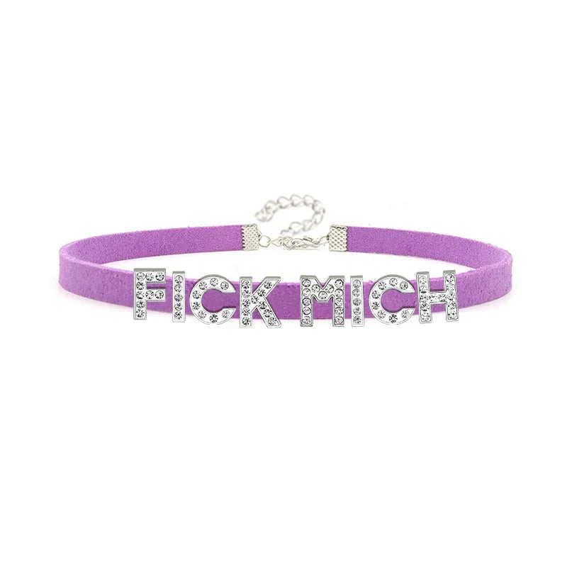 Sexy Rhinestone Letters FICK MICH Collar Choker Necklace Men Women Goth Harajuku DDLG Customized Chocker Cosplay Jewelry Gift Festival Outfits | Techno Shirts | Rave Clothing