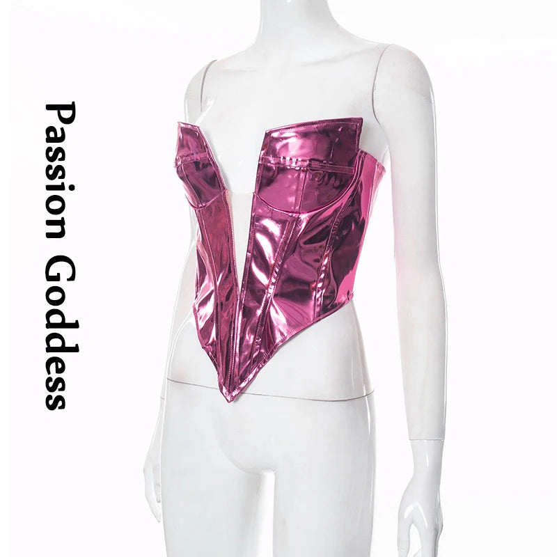 Sexy Frauen Shiny Gold Silber Bustier Crop Tops Helle PU Leder Krone Gürtel Abnehmen Taille Liebsten Low-cut Korsett top Sommer Festival Outfits | Techno Shirts | Rave Clothing